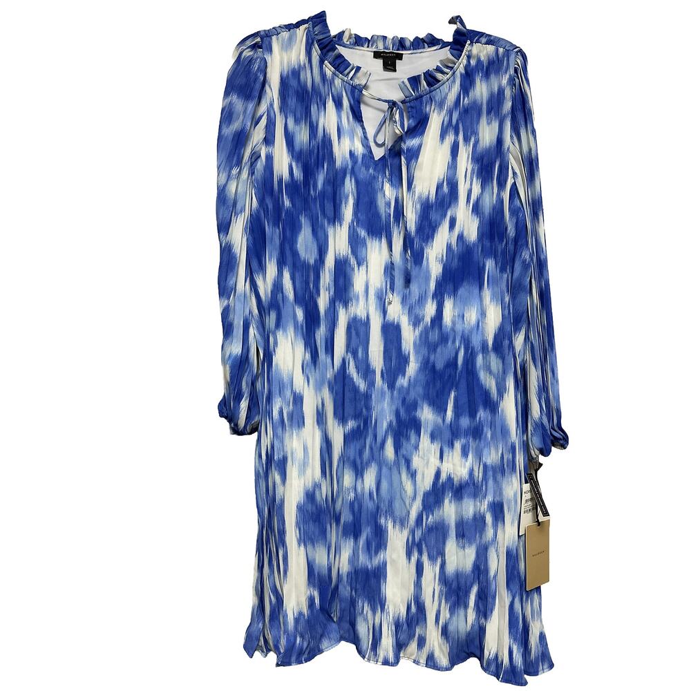 Halogen Brush Print Pleated Shift Dress Blue Ivory Size L